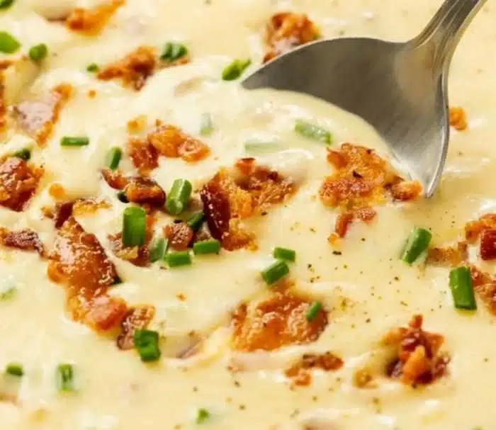 A warm bowl of creamy baked potato soup topped with chives and bacon bits.