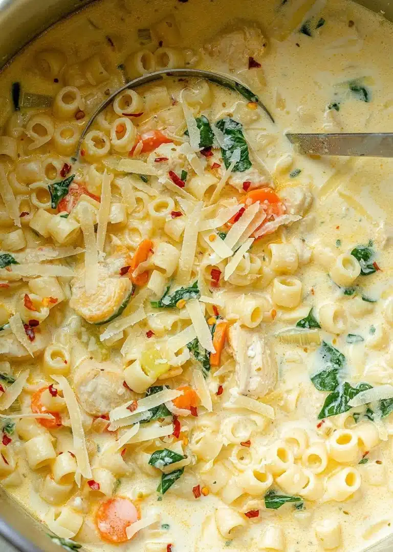 Creamy chicken pasta soup with carrots and spinach in a bowl