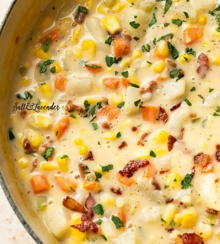Bowl of creamy corn chowder garnished with herbs