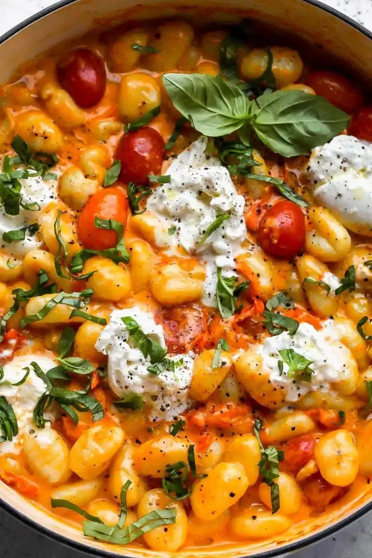 Creamy tomato gnocchi garnished with burrata cheese in a bowl