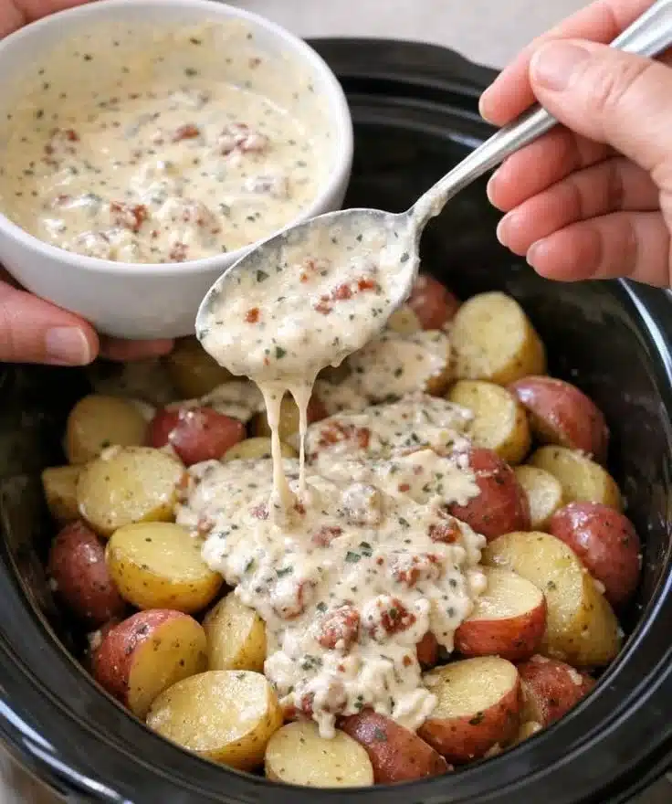 Creamy Tuscan-style potatoes topped with herbs and spices on a white plate