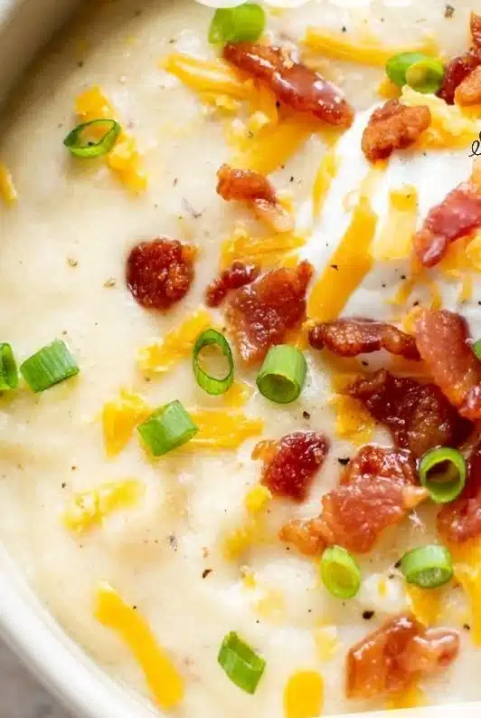 Bowl of loaded potato soup topped with cheese, bacon, and green onions.