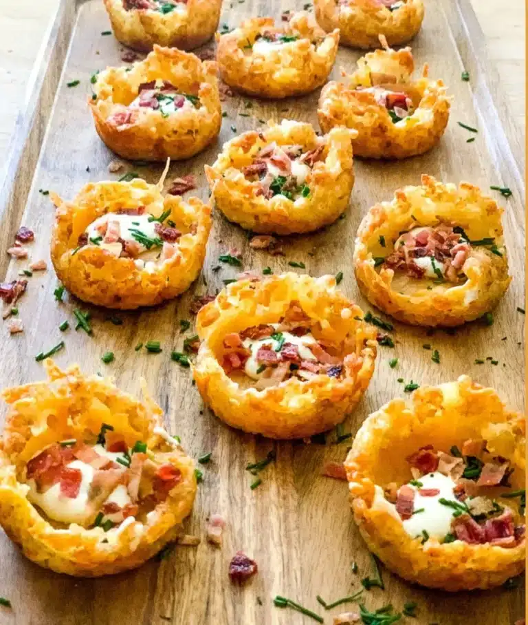 Loaded tater tot appetizers garnished with cheese and toppings