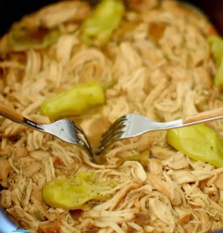 Mississippi Chicken Crockpot dish served hot with ingredients visible