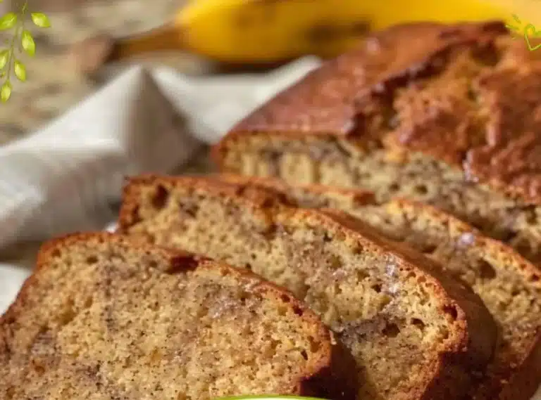 Deliciously moist banana bread fresh out of the oven with sliced bananas