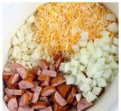 Sausage and Potato Slow Cooker Casserole served in a bowl.