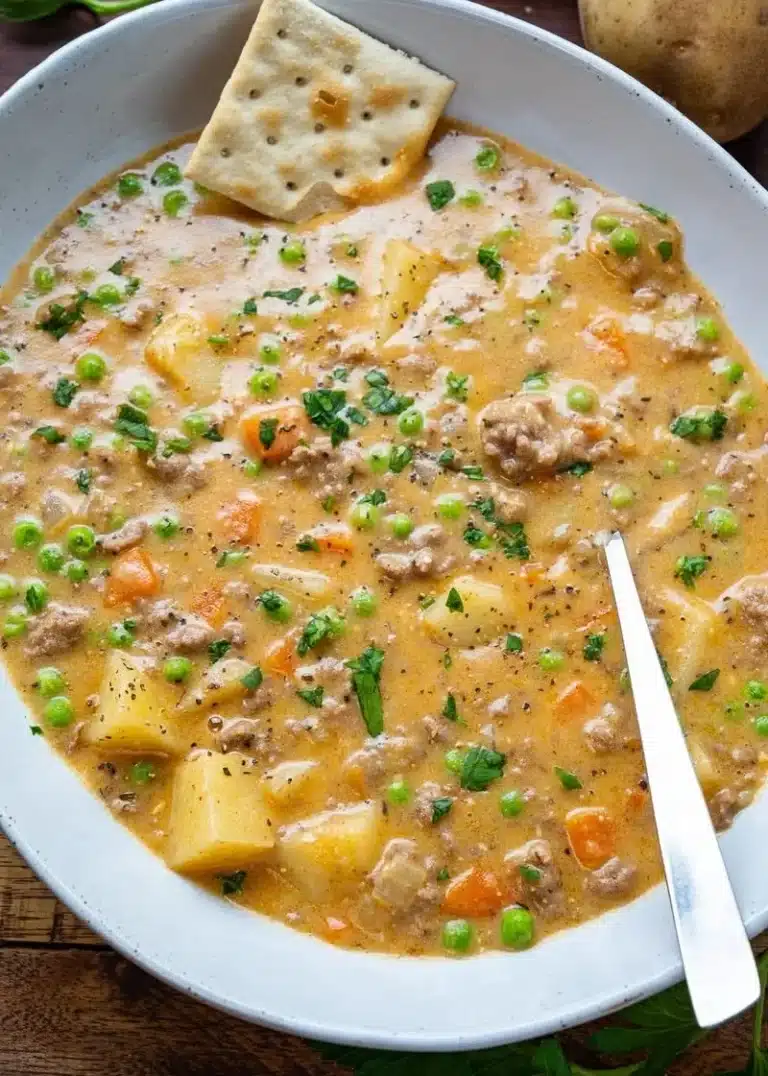 Bowl of Shepherd's Pie Soup garnished with herbs and vegetables