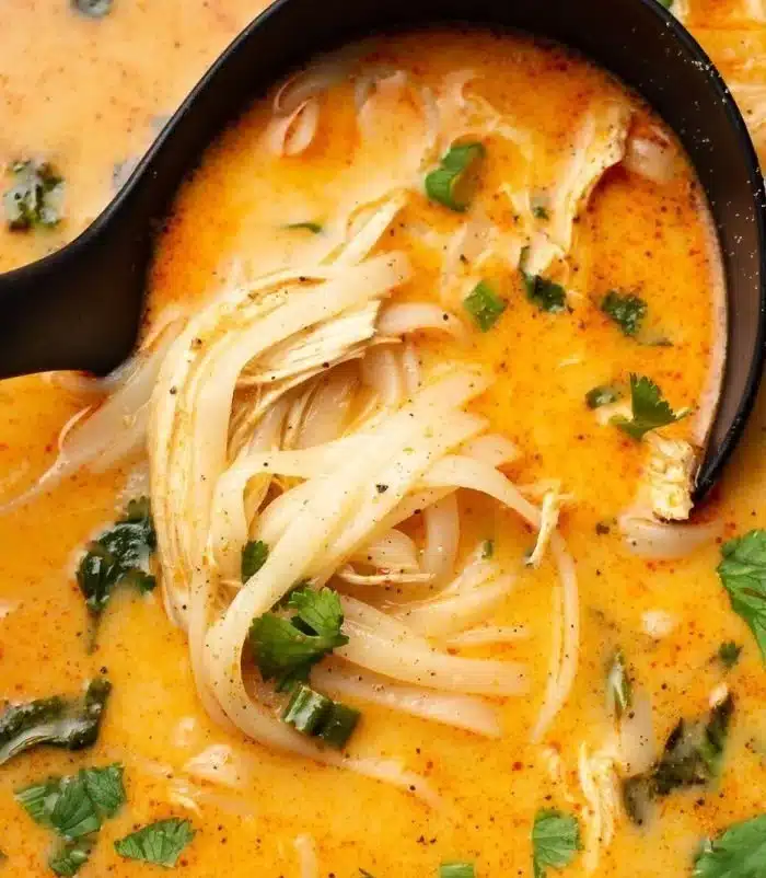 Bowl of authentic Thai Chicken Soup with fresh herbs and ingredients