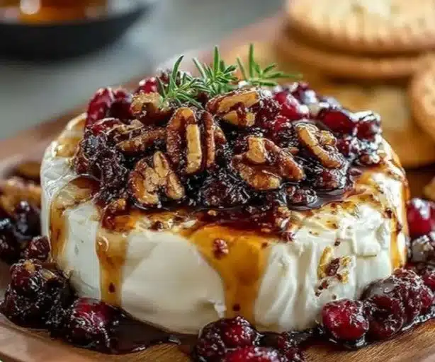 A delectable serving of Baked Brie topped with nuts and honey, served warm on a wooden board.