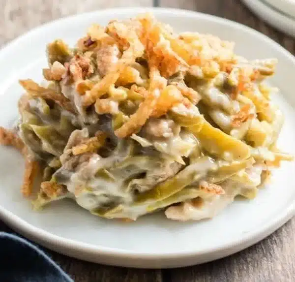 Delicious green bean casserole topped with crispy onions