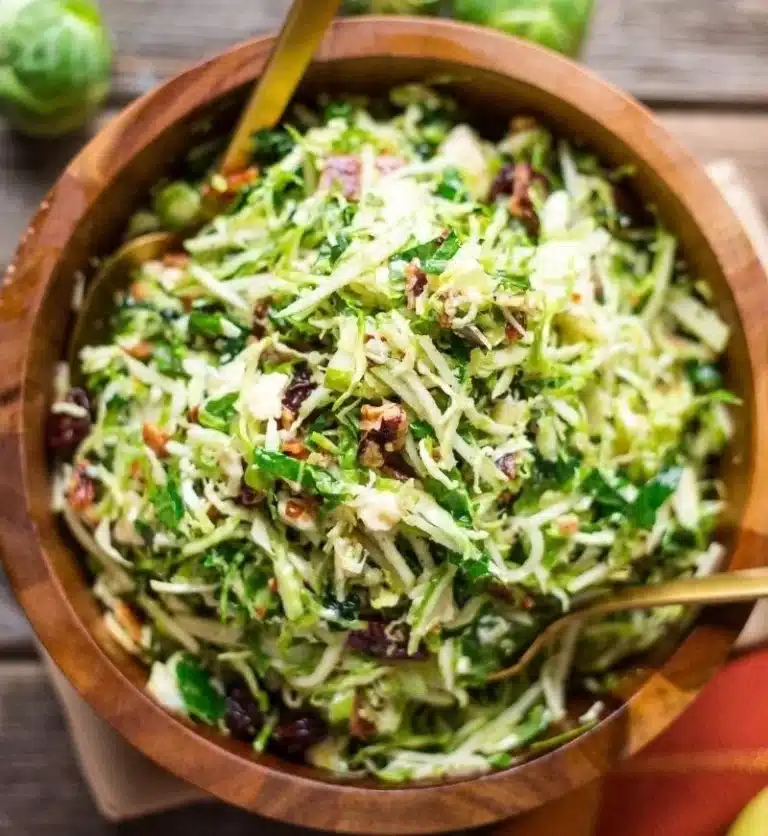 Brussels sprout salad with kale, apple, bacon, sharp cheddar, and pecans.