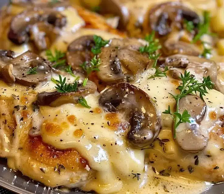 Delicious Chicken and Mushroom Pasta served in a bowl with herbs