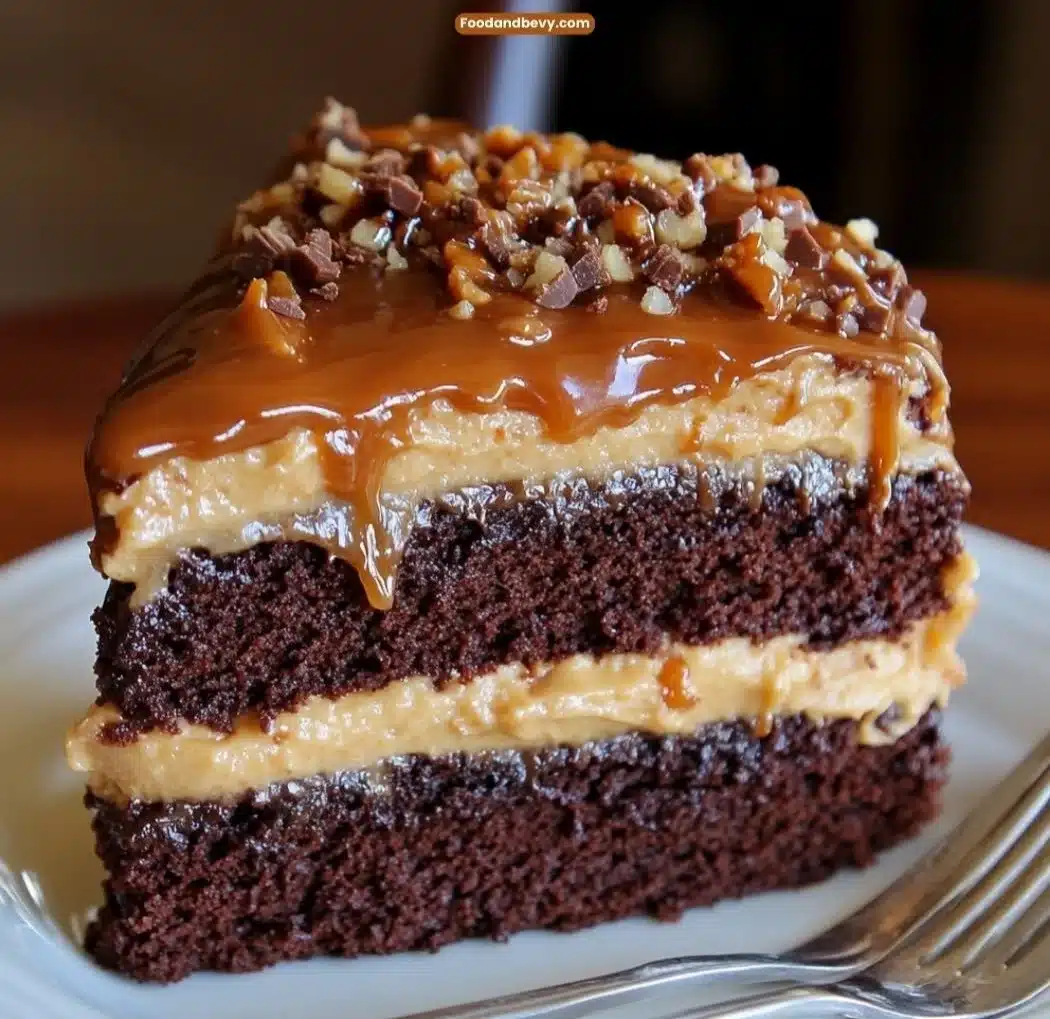 Delicious chocolate cake with caramel and toffee toppings, garnished with crunchy bits.