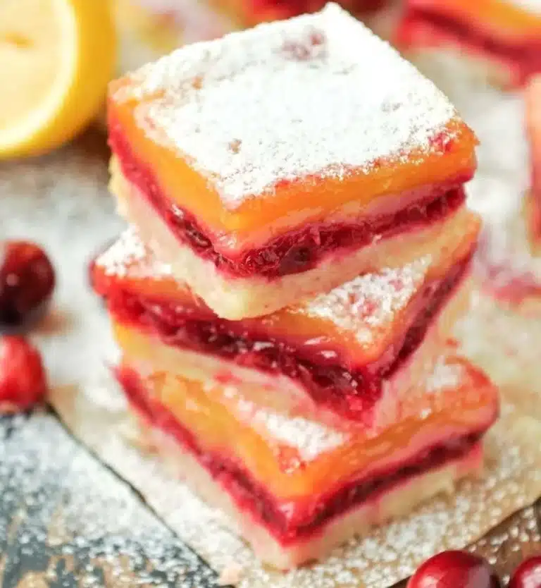 Delicious homemade cranberry lemon bars cut into squares on a white plate