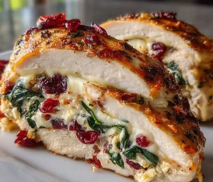 Cranberry Spinach Stuffed Chicken Breasts with Creamy Brie plated beautifully