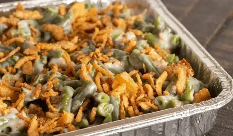 Creamy Cheddar Green Bean Casserole served in a dish
