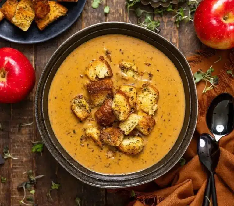 Bowl of creamy roasted apple and pumpkin soup garnished with herbs