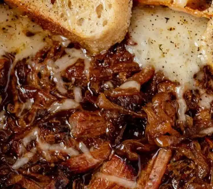 French-onion flavored pot roast served with vegetables on a plate