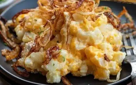 Delicious French Onion Funeral Potatoes baked in a creamy, cheesy sauce.