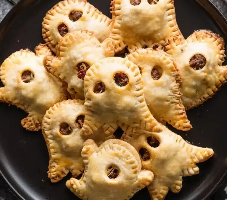 Ghost-inspired mini taco pies on a festive Halloween table.