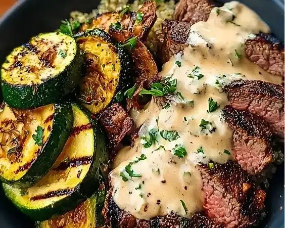Grilled steak bowl topped with creamy sauce and grilled zucchini.