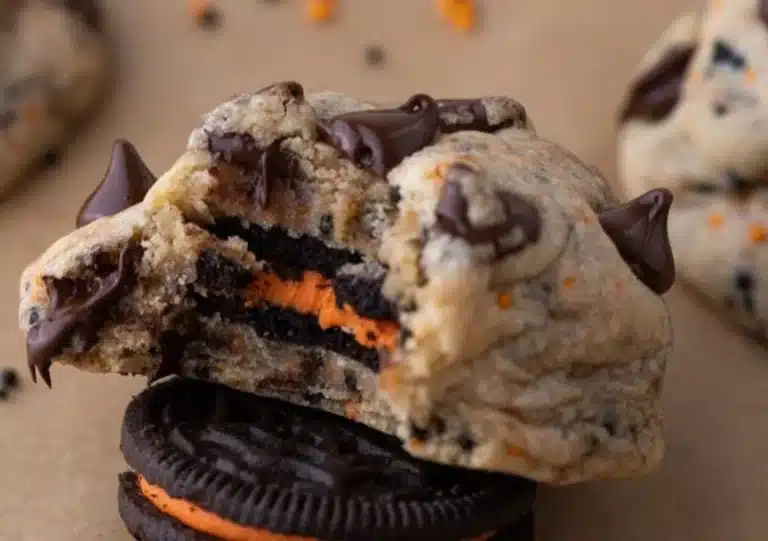 Halloween Oreo-Stuffed Chocolate Chip Cookies fresh from the oven