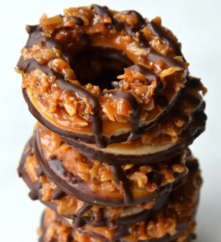 Delicious homemade Samoas cookies with caramel and coconut topping