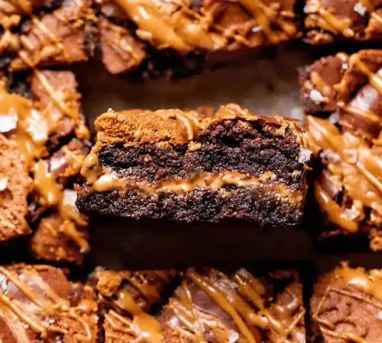 Delicious Biscoff Brownies topped with melted chocolate and cookie crumbs