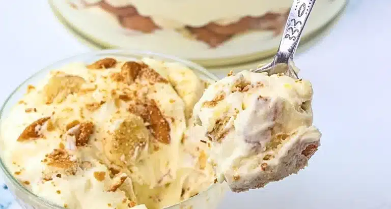 Magnolia Bakery's delicious homemade banana pudding in a glass dish