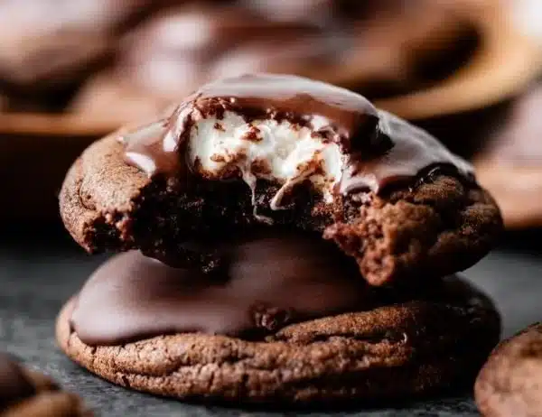 Delicious marshmallow surprise hot cocoa cookies with chocolate drizzle