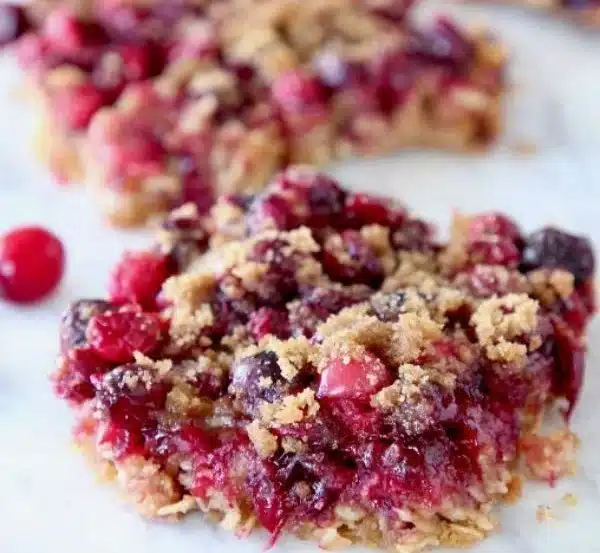 Homemade oatmeal cranberry bars with dried cranberries and oats
