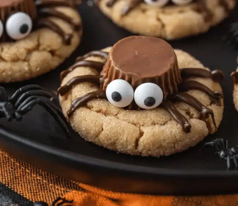 Delicious peanut butter spider cookies with chocolate and candy decoration