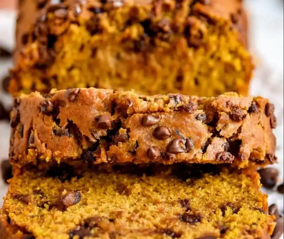 Deliciously baked Pumpkin Chocolate Chip Bread with a golden crust and chocolate chips