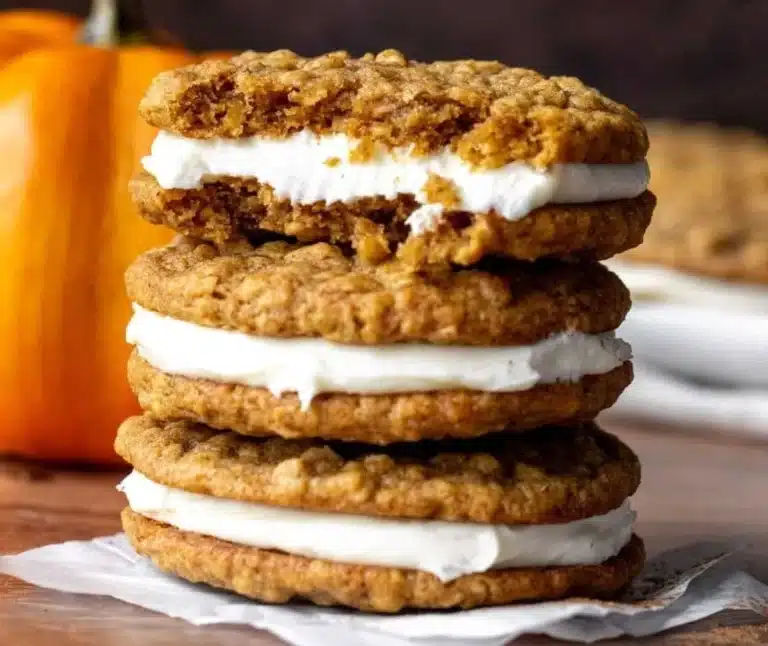 Delicious pumpkin oatmeal cream pie topped with whipped cream and spices.
