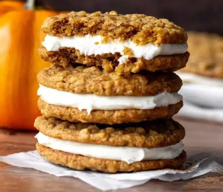Delicious pumpkin oatmeal cream pie on a rustic wooden table