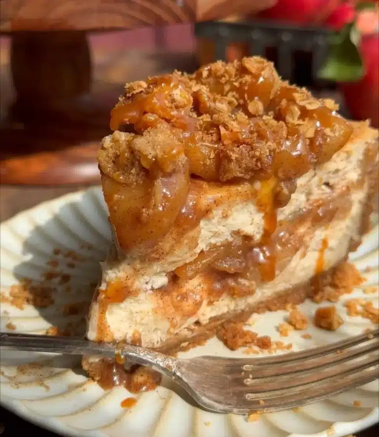 Delicious salted caramel apple pie cheesecake topped with caramel and apple slices