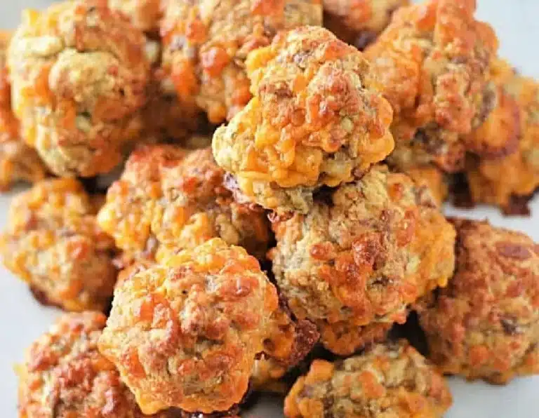 Sausage balls made with Bisquick, golden brown and ready to serve.
